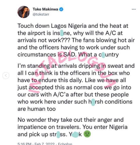 Toke makinwa complains of the absence of ac's at lagos worldwide airport - sweetloaded