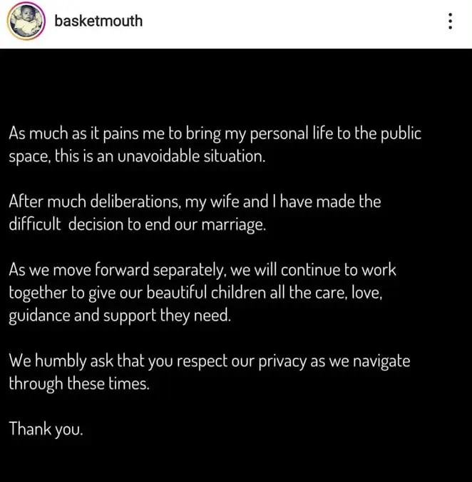 Comedian basketmouth announces the end of his marriage to elsie okpocha after 12 years - sweetloaded