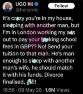 Uk-based nigerian tech founder accuses wife of cheating after paying her tuition and funding their lifestyle